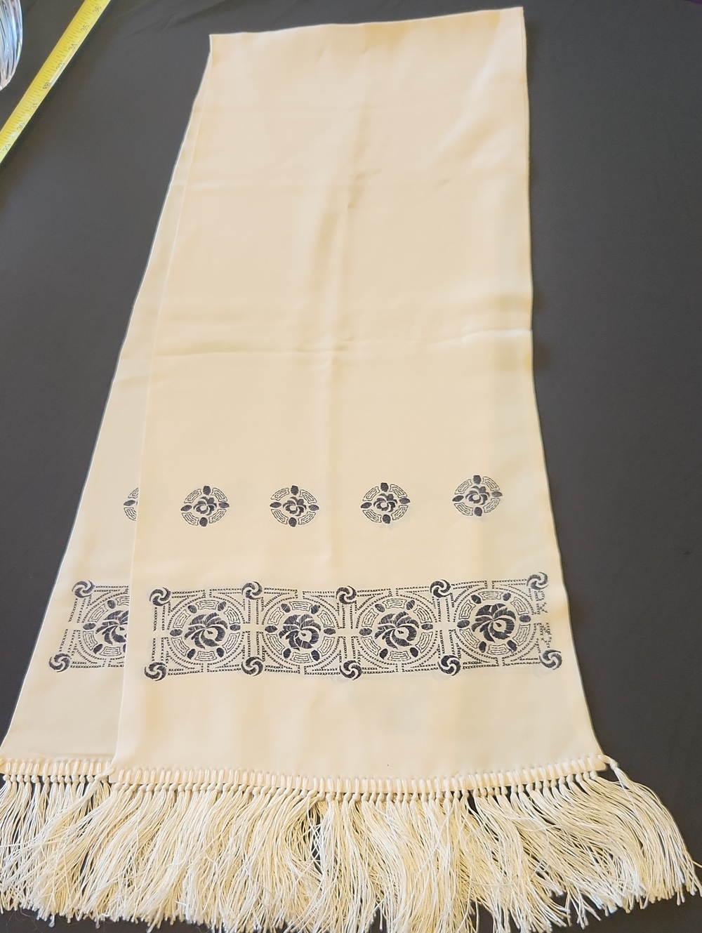Vintage DKNY 100% Silk Scarf Cream Navy Print Fringe 58"